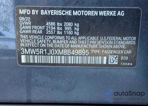 2021 BMW 330I from USA, damaged, VIN 3MW5R1J0XM8B49895